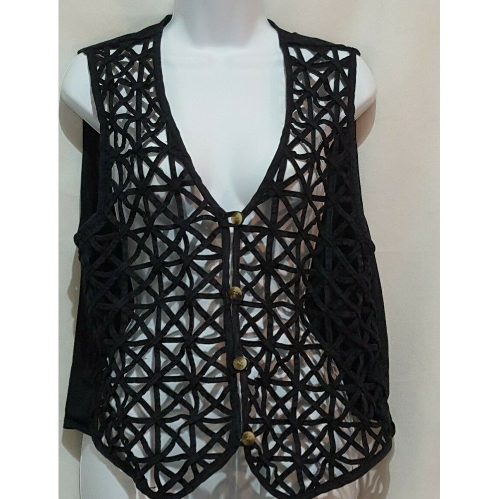Vintage Womens Vest Medium Button Braided Open Weave Black